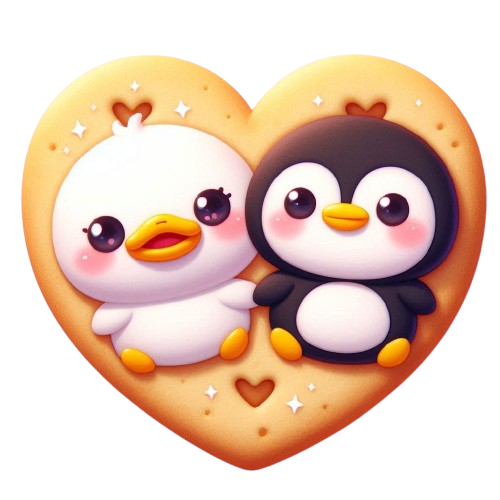 Un biscotto a forma di cuore con una papera e un pinguino abbracciati